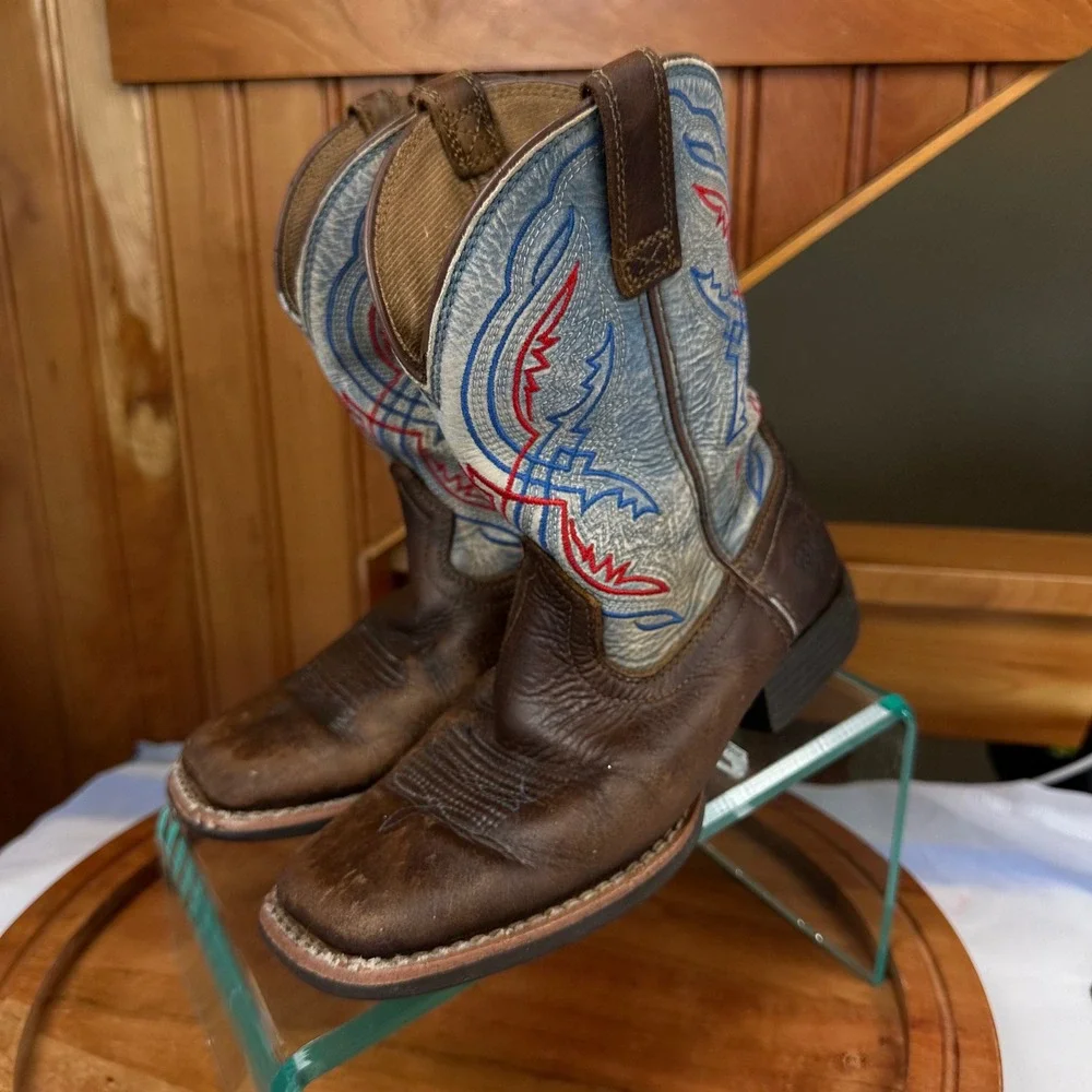 Ariat Kids Western Boots Brown Leather Blue Red Stitching Square Toe Size 1